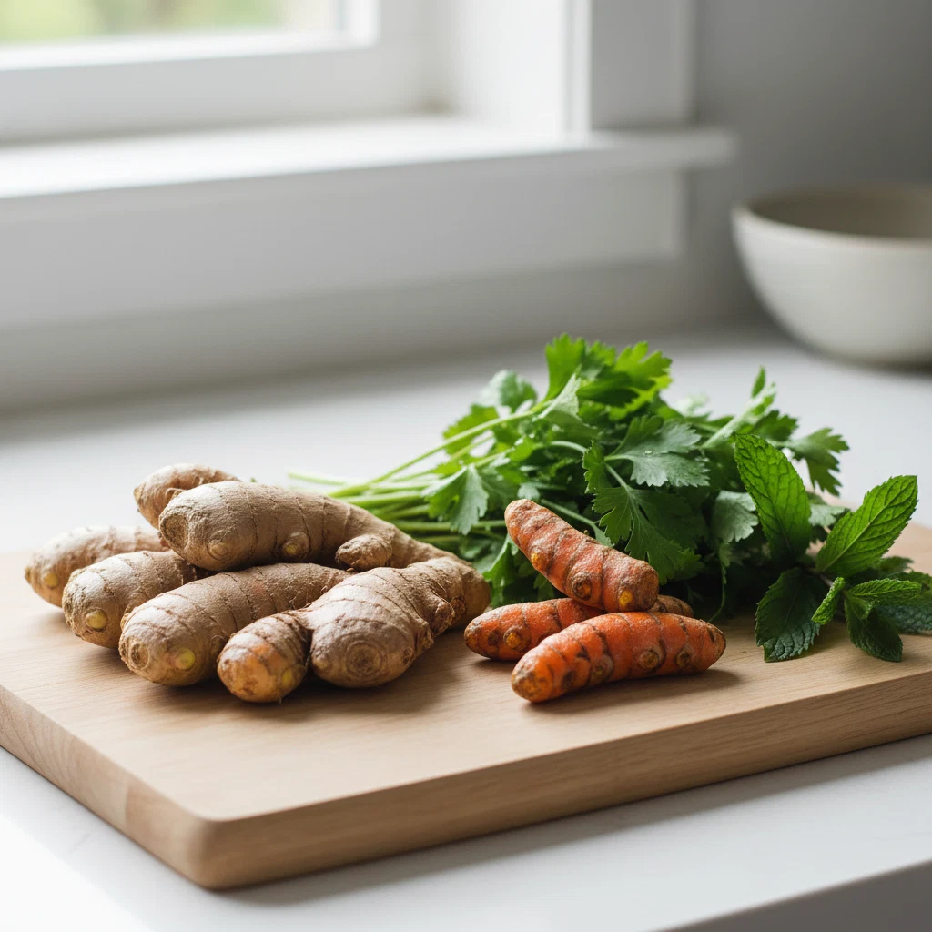 Naturlige ingredienser til Osanix: grøn te, gurkemeje, ingefær og peberkorn